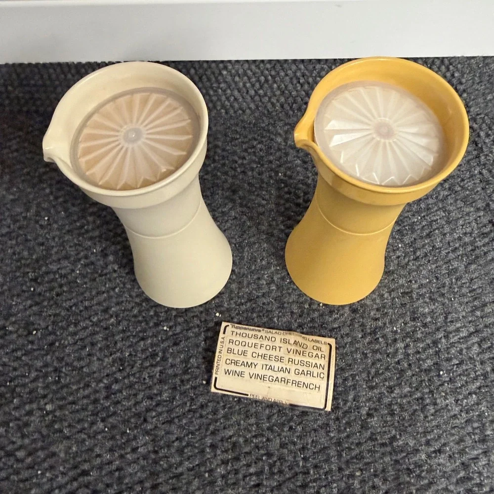 Vintage Tupperware Salad Dressing Shakers Set of 2 Harvest Gold Almond 1246-18